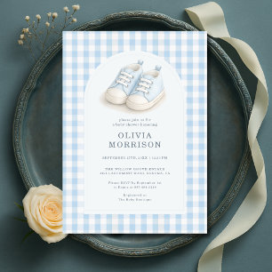 Invitación Zapatos de gingham azul acuarela Baby Shower