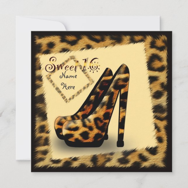 Invitación Zapatos de impresión de piel de leopardo "Sweet 16 (Anverso)