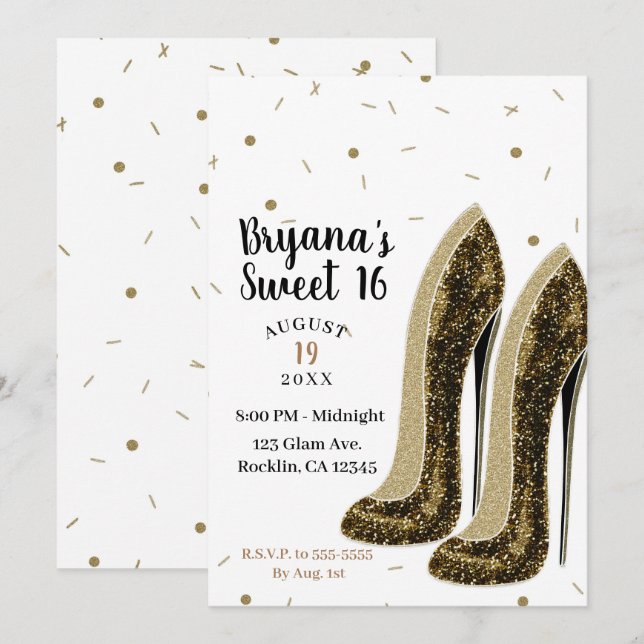 Invitación Zapatos de moda de tacón alto Glam Beauty Sweet 16 (Anverso / Reverso)