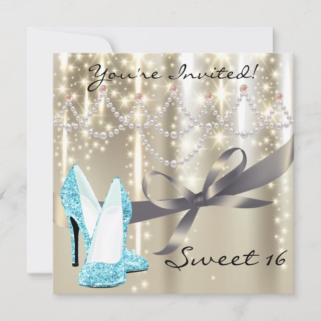 Invitación Zapatos de Purpurina azul brillante dorado Diecisé (Anverso)