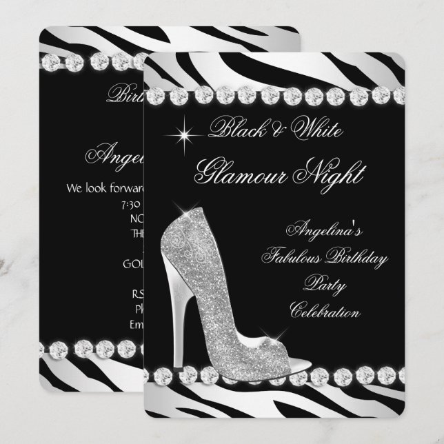 Invitación Zapatos de Purpurina de cebra de noche de glamour  (Anverso / Reverso)