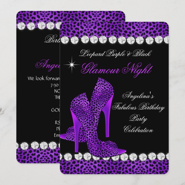 Invitación Zapatos de Purpurina nocturno Leopard Purple Black (Anverso / Reverso)