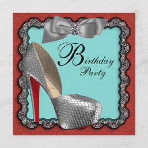Invitación Zapatos de tacón alto azul teal rojo negro y plate