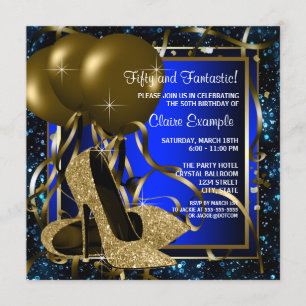 Invitación Zapatos de tacón alto azules y dorados para fiesta