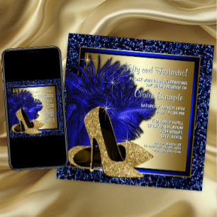 Invitación Zapatos de tacón alto azules y dorados para la fie