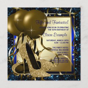 Invitación Zapatos de tacón alto azules y dorados para la fie