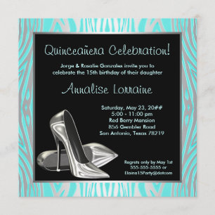 Invitación Zapatos de tacón alto cebra azul turquesa Quinceañ