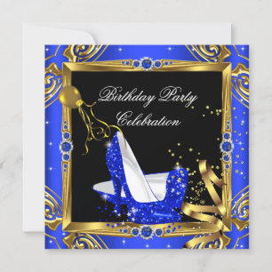 Invitación Zapatos de tacón alto con brillo azul real dorado 