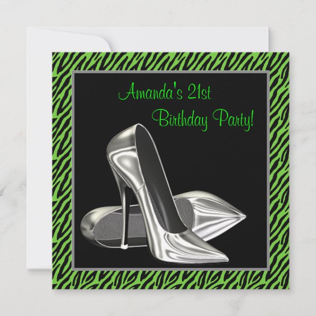 Invitación Zapatos de tacón alto de cebra verde lima Cumpleañ (Anverso)