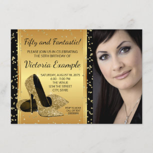 Invitación Zapatos de tacón alto de oro negro para fiesta de