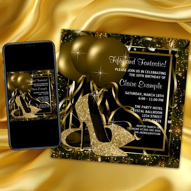 Invitación Zapatos de tacón alto de oro negro para mujeres en (Black gold high heel shoe birthday party invitation. Any number gold glitter shoe invitation.)