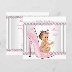 Invitación Zapatos de tacón alto de perla rosa para baby show