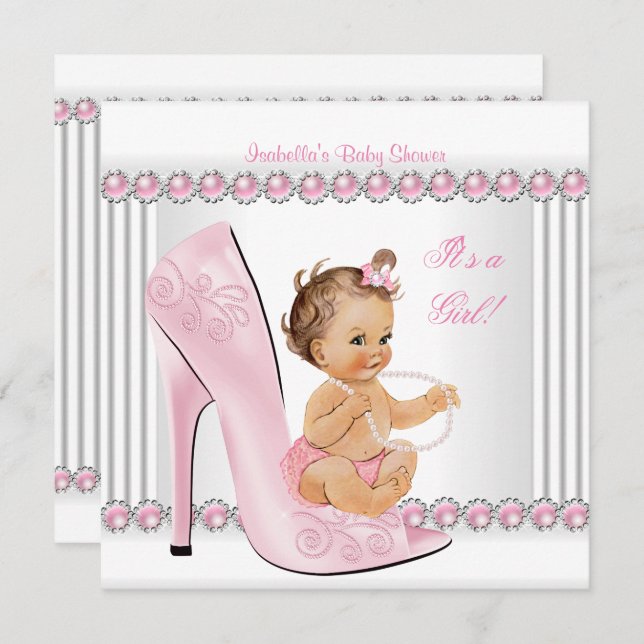 Invitación Zapatos de tacón alto de perla rosada Chica de Bab (Anverso / Reverso)