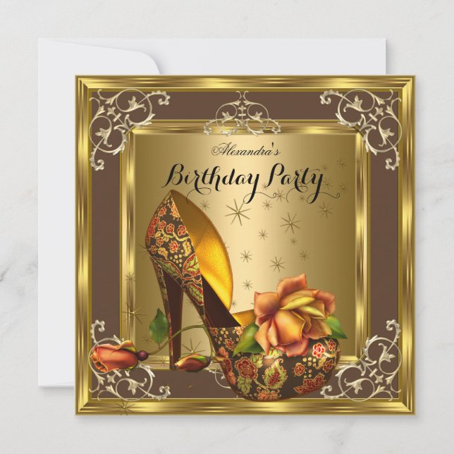 Invitación Zapatos de tacón alto de rosas marrones de oro de  (Anverso)