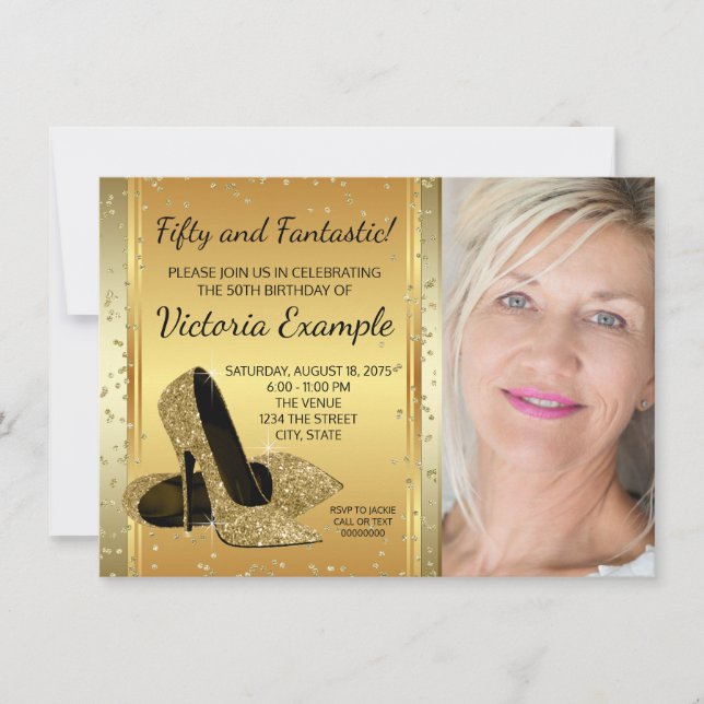 Invitación Zapatos de tacón alto dorados Fiesta de cumpleaños (Anverso)