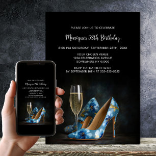 Invitación Zapatos de tacón alto florales azules elegantes pa