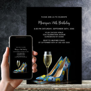 Invitación Zapatos de tacón alto florales azules Fiesta de cu