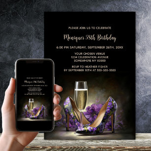 Invitación Zapatos de tacón alto florales morados Cumpleaños
