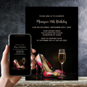 Invitación Zapatos de tacón alto florales rojos elegantes par