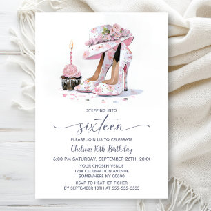 Invitación Zapatos de tacón alto florales rosados para fiesta