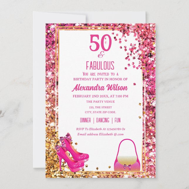Invitación Zapatos de tacón alto Glittery rosa para un 50 cum (Anverso)