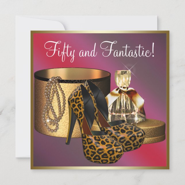 Invitación Zapatos de tacón alto Leopard Gold Cumpleaños 50 d (Anverso)