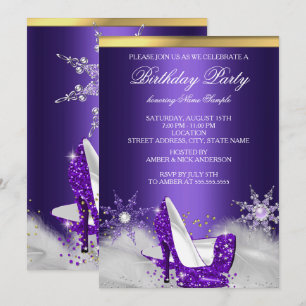 Invitación Zapatos de tacón alto morados para fiesta de cumpl