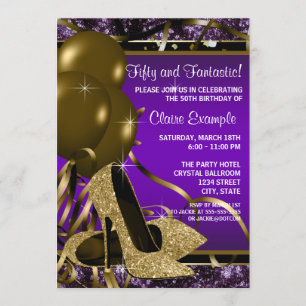 Invitación Zapatos de tacón alto morados y dorados para la fi