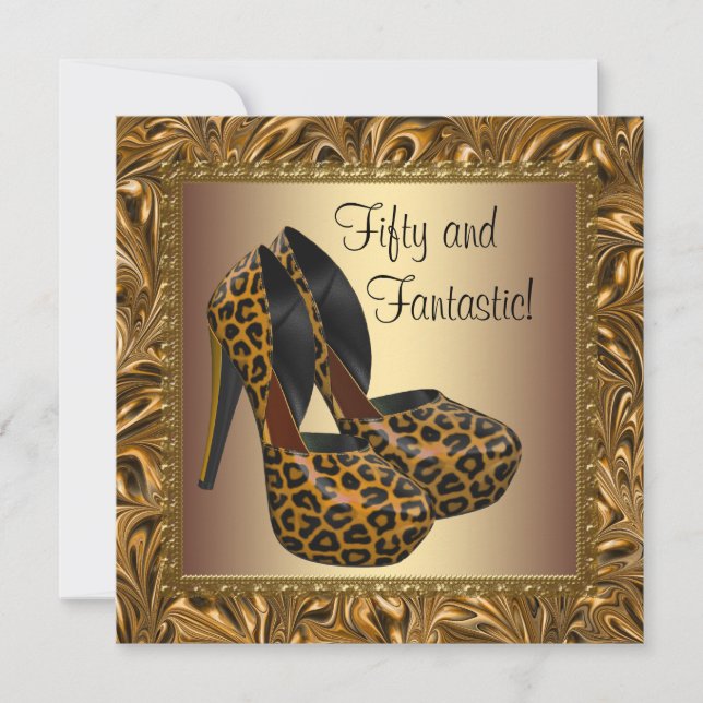 Invitación Zapatos de Tacón Alto Mujer Leopardo Dorado Cumple (Anverso)