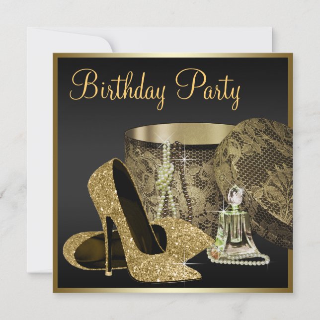 Invitación Zapatos de tacón alto mujeres Negras y Oro Cumplea (Anverso)