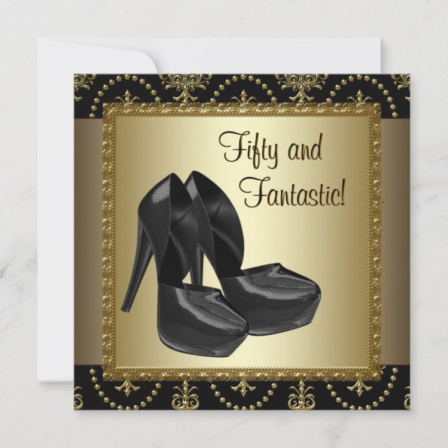 Invitación Zapatos de tacón alto mujeres Oro negro 50 cumplea (Anverso)
