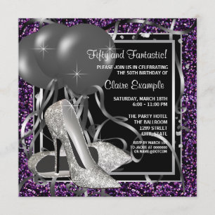 Invitación Zapatos de tacón alto negro y púrpura Fiesta de cu