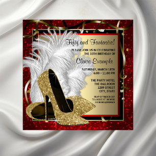 Invitación Zapatos de tacón alto negros, rojos y dorados para