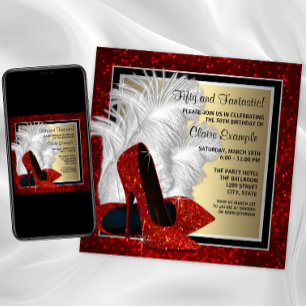 Invitación Zapatos de tacón alto negros, rojos y dorados para