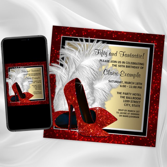 Invitación Zapatos de tacón alto negros, rojos y dorados para (Womans red high heel shoe birthday and any event invite. Download and printed invitations available.)