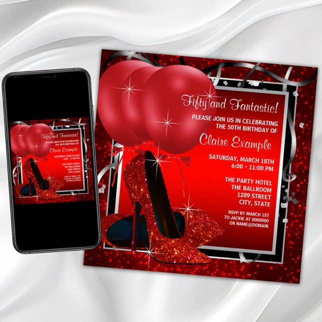 Invitación Zapatos de tacón alto negros y rojos de mujer Fies (Womans red and silver birthday party invitation with red high heel shoes on a red and black back.)
