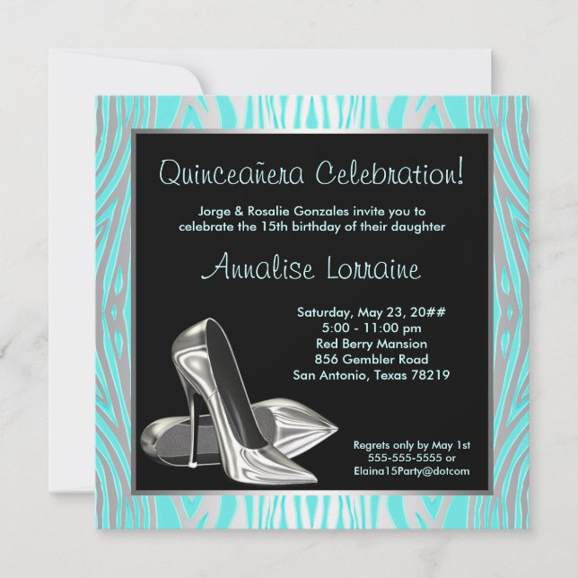 Invitación Zapatos de tacón alto para Quinceañera Teal Cebra (Anverso)
