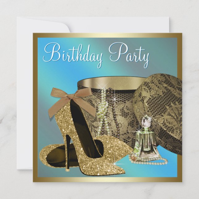 Invitación Zapatos de tacón alto perlas azul turquesa cumplea (Anverso)