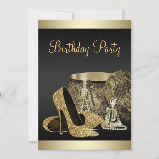 Invitación Zapatos de tacón alto perlas negro oro cumpleaños  (Anverso)