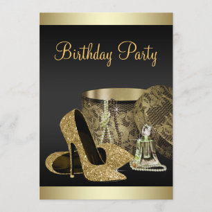 Invitación Zapatos de tacón alto perlas negro oro cumpleaños 