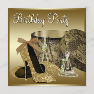 Invitación Zapatos de tacón alto perlas negro oro cumpleaños