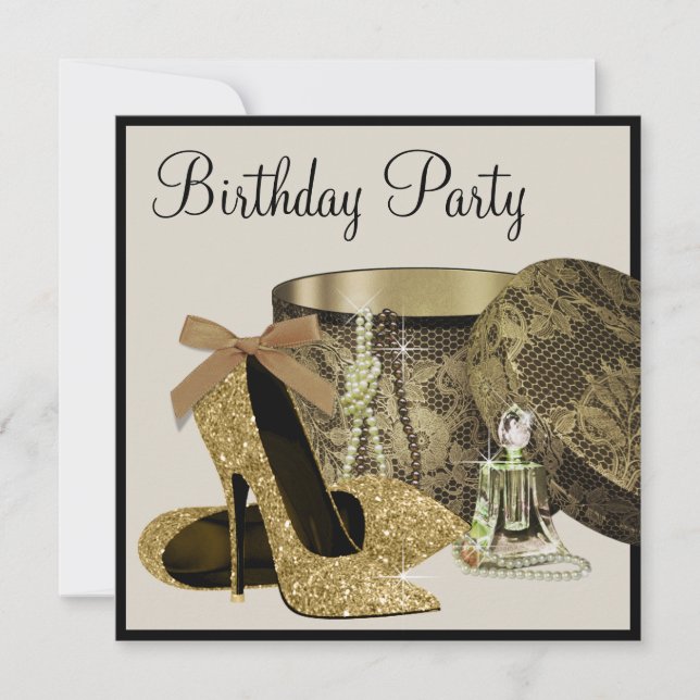 Invitación Zapatos de tacón alto perlas negro oro cumpleaños  (Anverso)