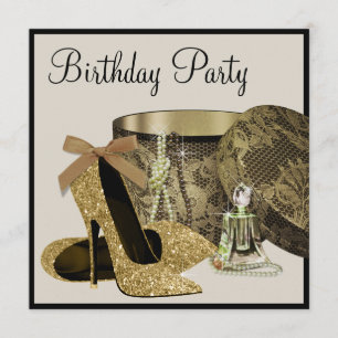 Invitación Zapatos de tacón alto perlas negro oro cumpleaños 