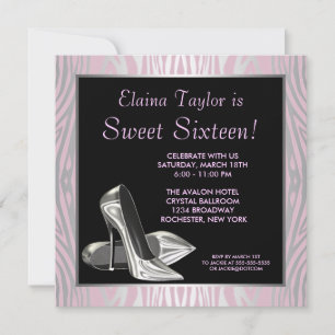 Invitación Zapatos de tacón alto Pink Zebra Sweet 16 Party