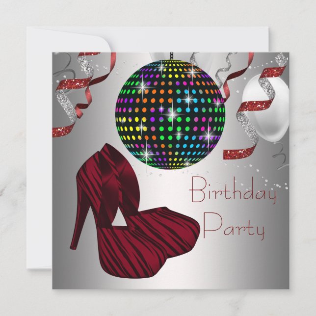 Invitación Zapatos de tacón alto Red Zebra Disco Cumpleaños (Anverso)