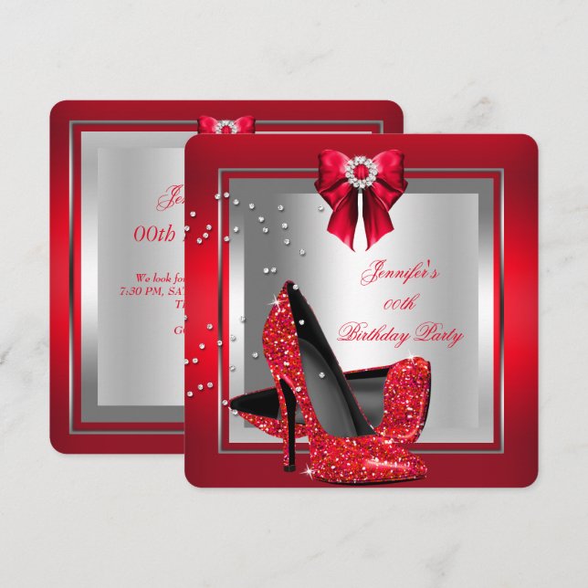Invitación Zapatos de Tacón Alto Rojo con Purpurina Fiesta de (Anverso / Reverso)