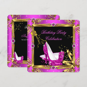 Invitación Zapatos de tacón alto rosa brillante fiesta dorado