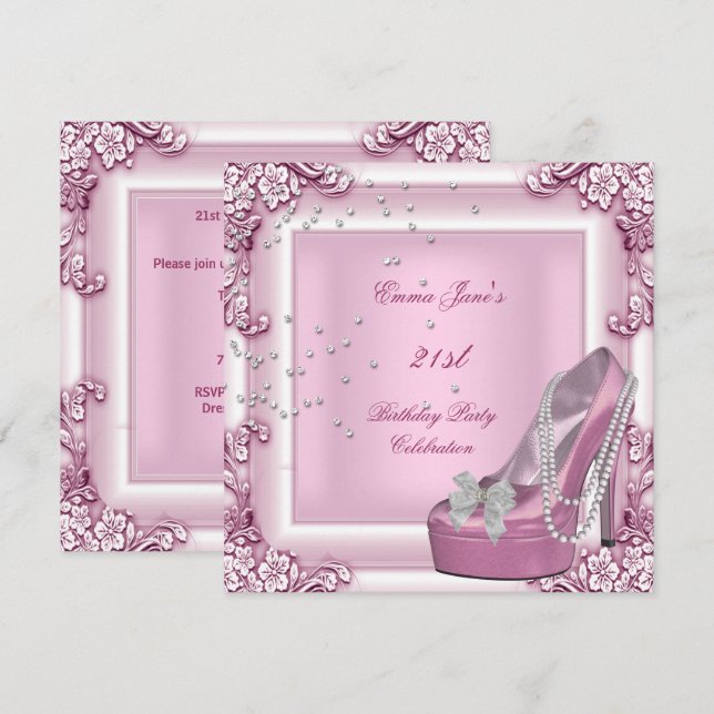Invitación Zapatos de tacón alto rosa para fiesta de cumpleañ (Anverso / Reverso)