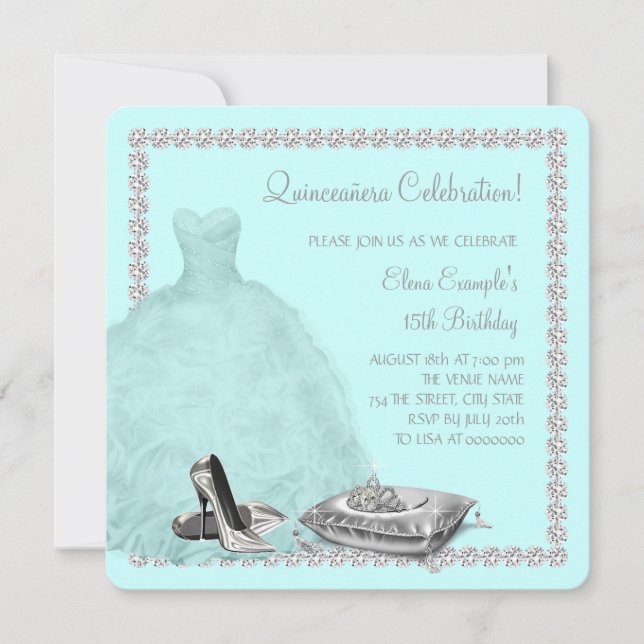Invitación Zapatos de tacón alto Tiara azul turquesa Quincean (Anverso)