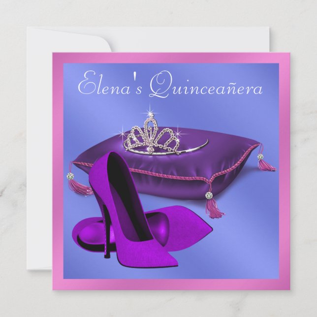 Invitación Zapatos de tacón caliente rosa morado Quinceanera (Anverso)